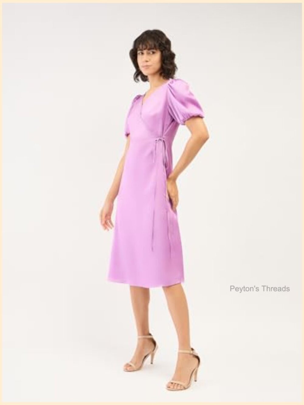 Midi Length Wrap Dress – Satin V-Neck Fit & Flare Balloon Sleeves - Picture 5 of 7